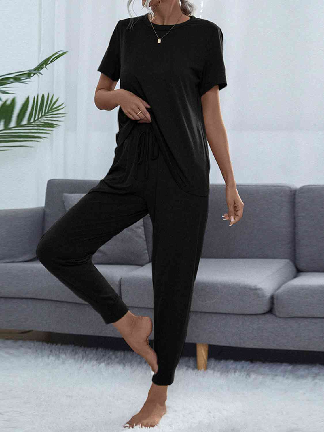 Dark Slate Gray Round Neck Short Sleeve Top and Pants Set Loungewear