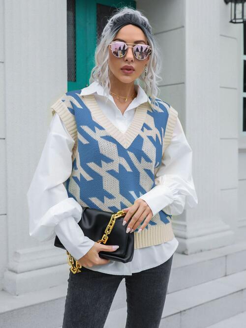 Gray Houndstooth V-Neck Sweater Vest Winter Accessories