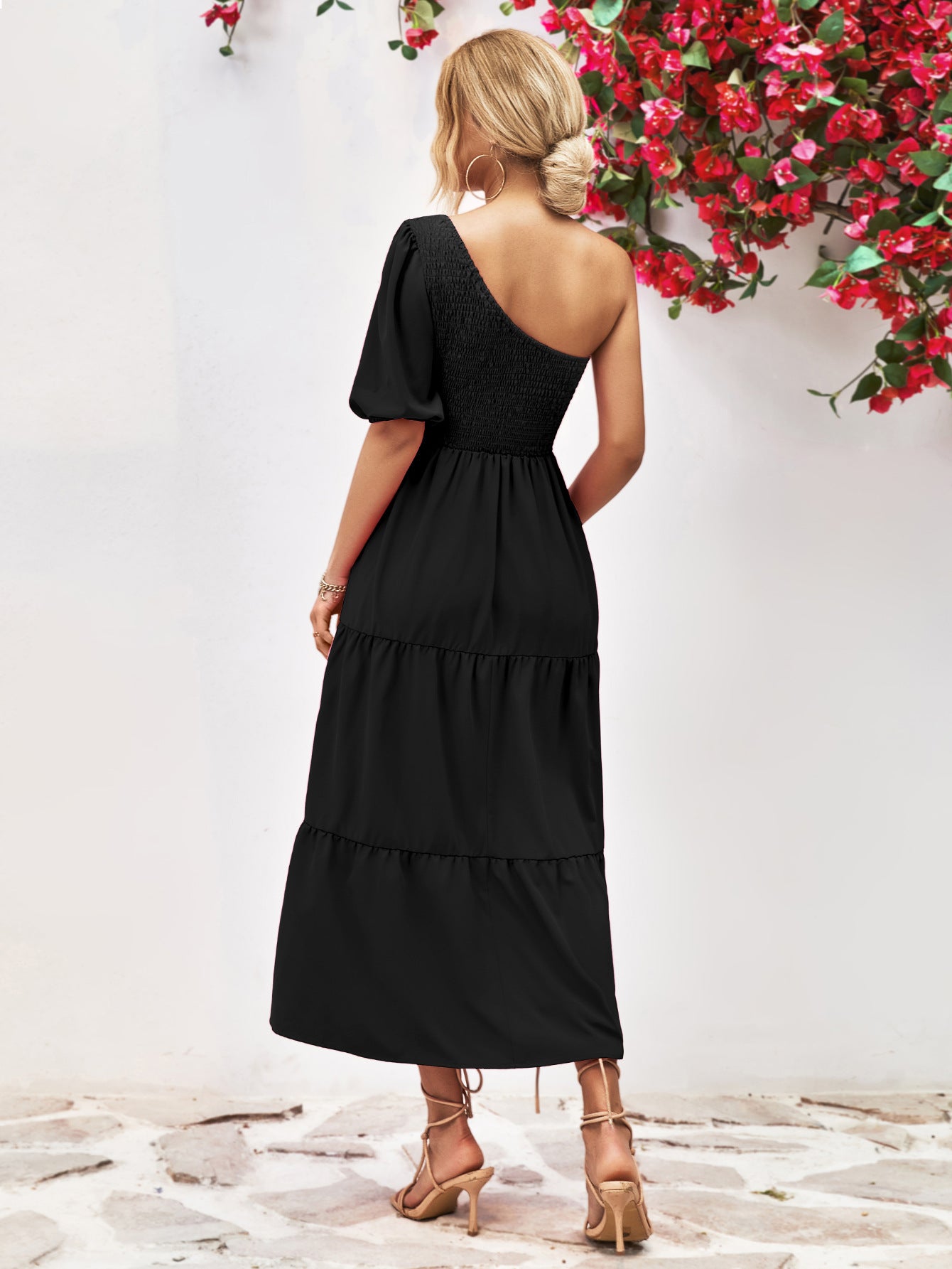 Black Smocked One-Shoulder Midi Dress Clothes