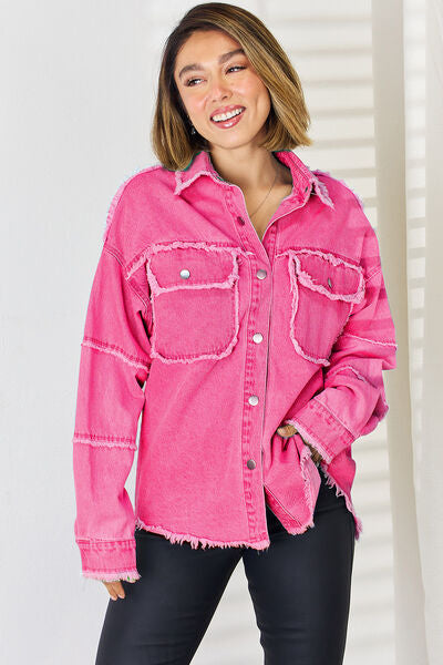 Light Gray PEACE Raw Hem Dropped Shoulder Denim Top Denim