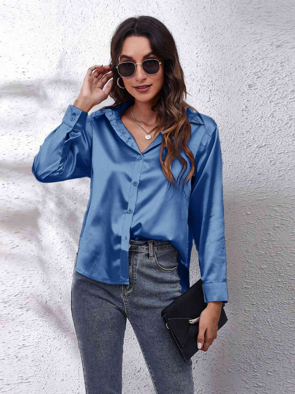 Gray That Girl Collared Neck Buttoned Long Sleeve Satin Shirt Long Sleeve Tops