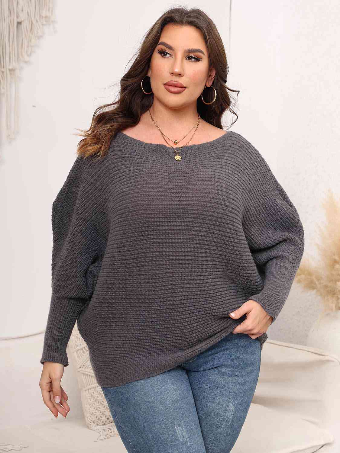 Dark Slate Gray Full Size Boat Neck Batwing Sleeve Sweater Plus Size Clothes