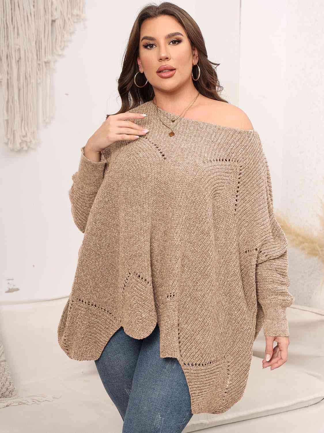 Light Gray Plus Size Round Neck Batwing Sleeve Sweater Plus Size Clothes