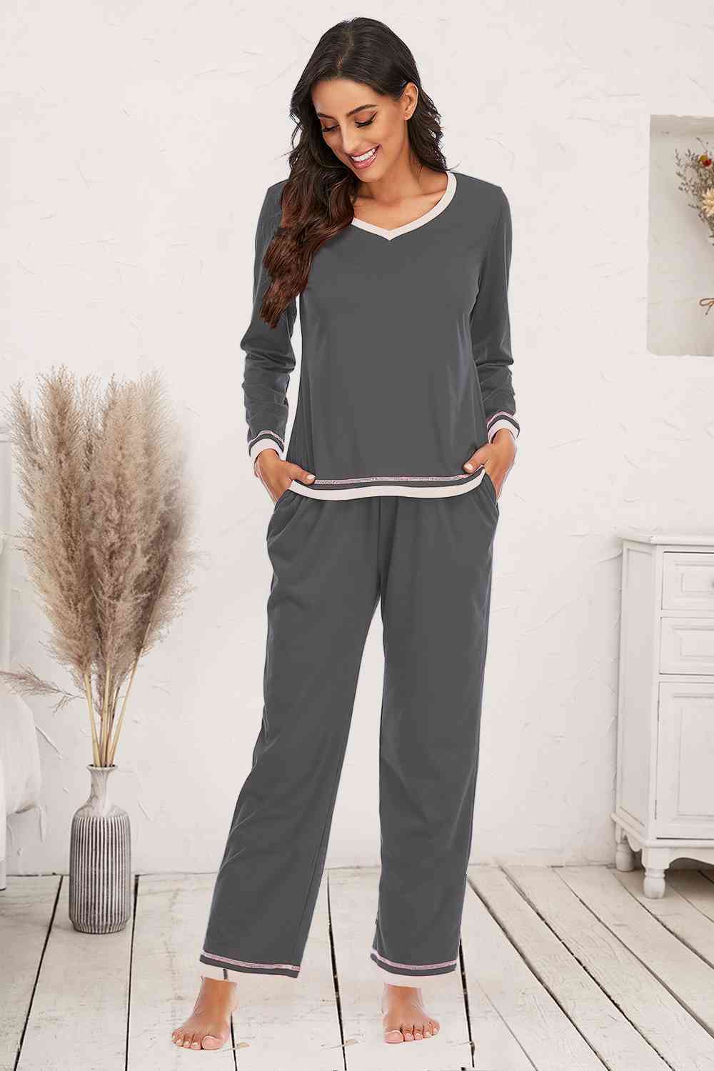 Light Gray V-Neck Top and Pants Lounge Set Loungewear