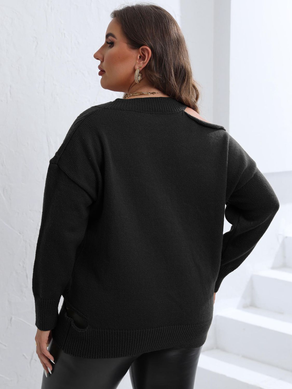 Black Plus Size Cutout V-Neck Sweater Clothing