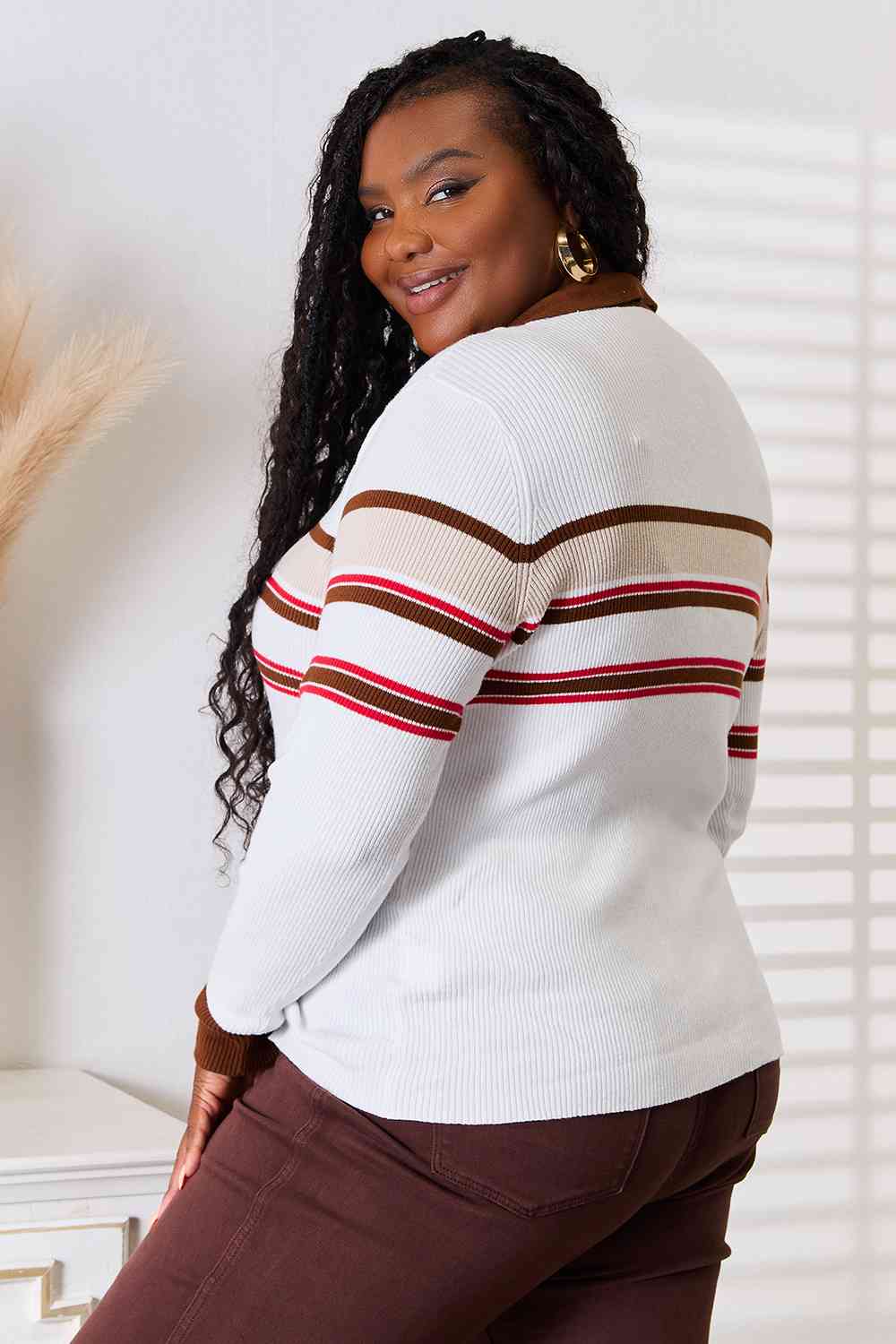 Light Gray Chocolate Delight Striped Collared Neck Rib-Knit Top Long Sleeve Tops