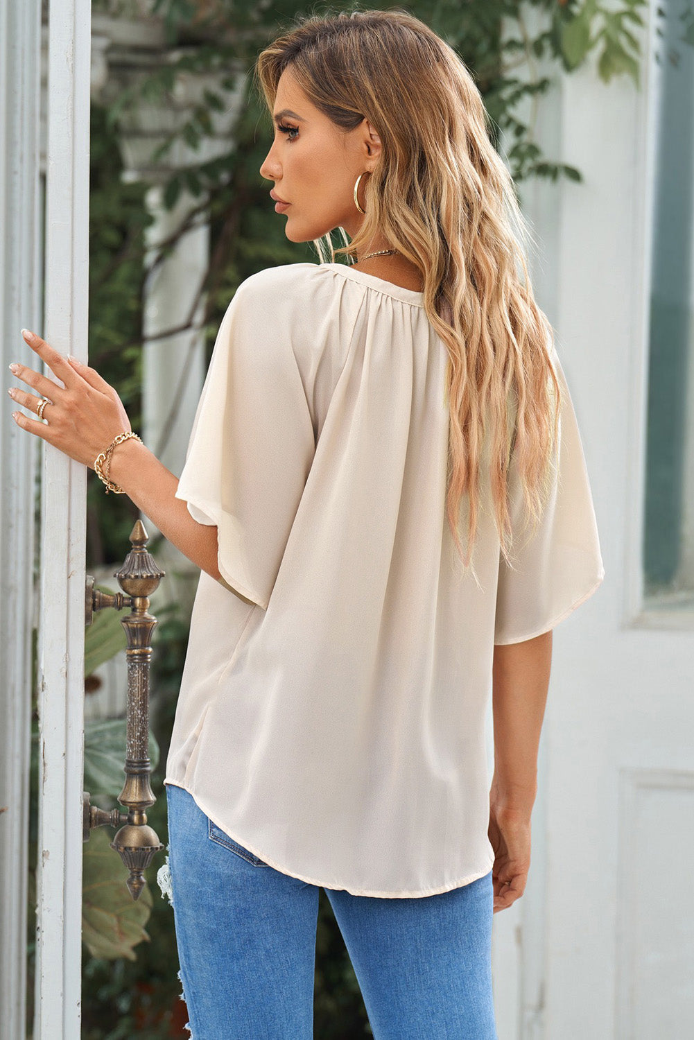 Gray Simply Chic Gathered Detail Notched Neck Flutter Sleeve Top Tops