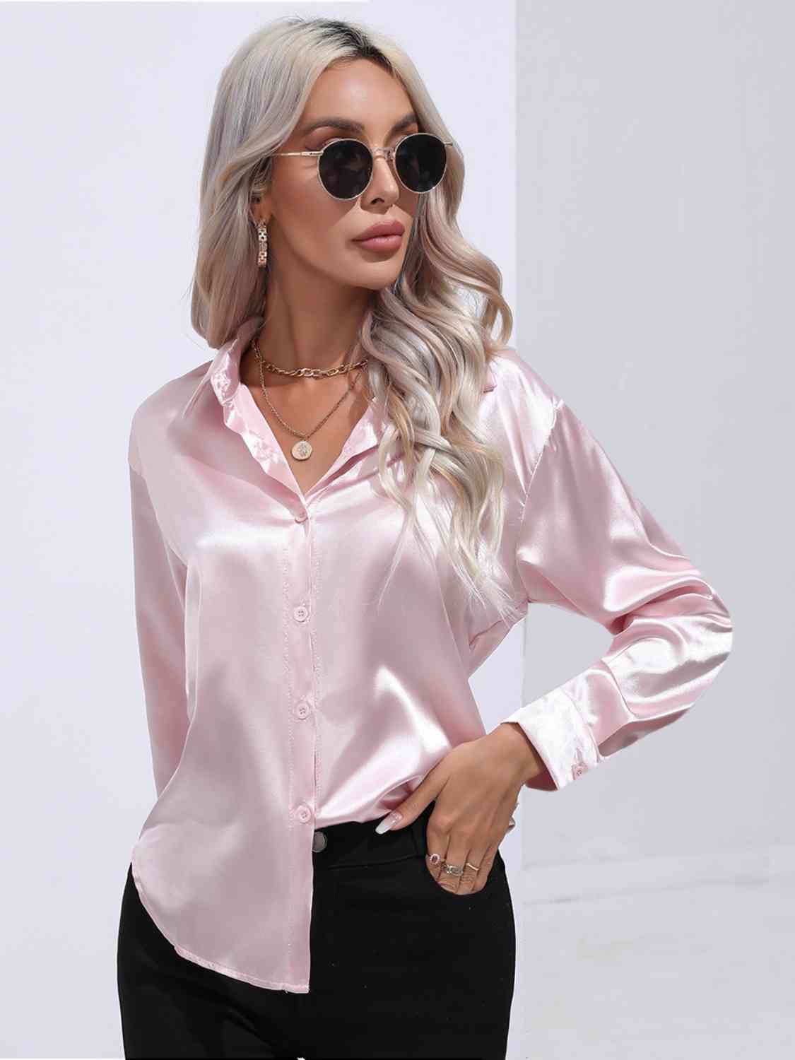 Light Gray Modern Times Collared Neck Buttoned Long Sleeve Shirt Satin Tops