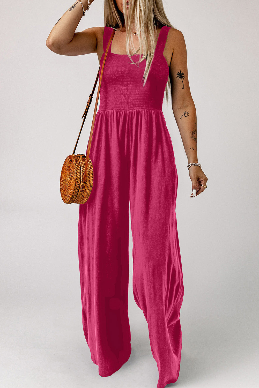 Light Gray Walk Humbly Smocked Square Neck Wide Leg Jumpsuit with Pockets Jumpsuits & Rompers