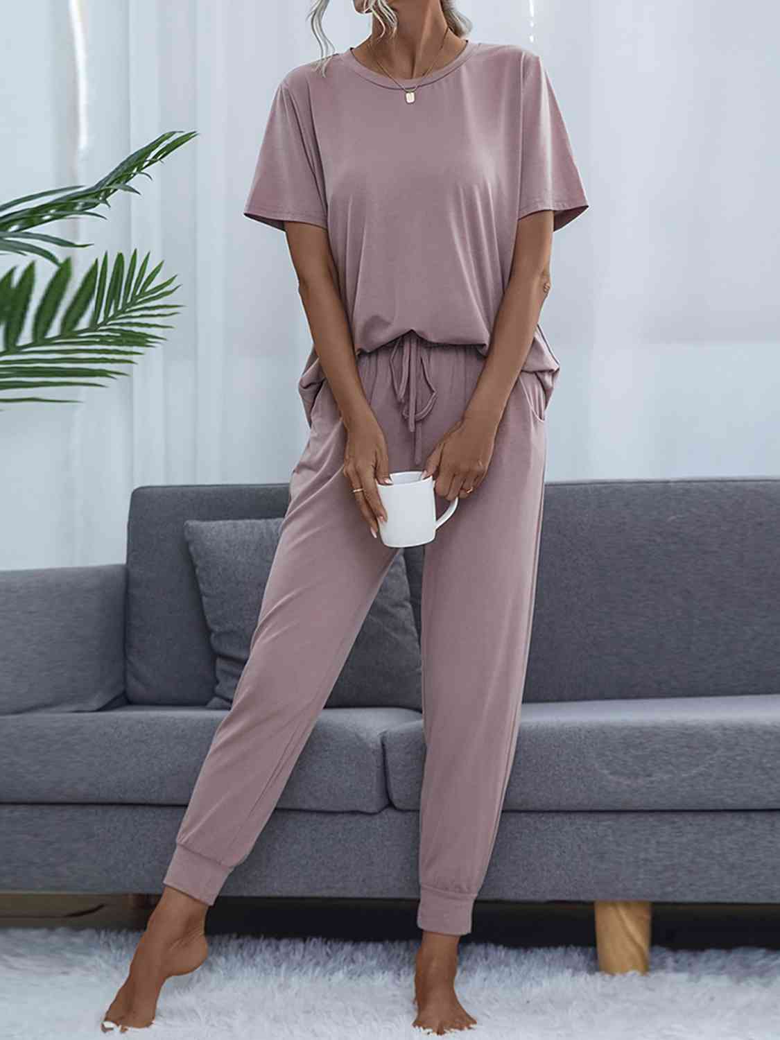 Dim Gray Round Neck Short Sleeve Top and Pants Set Loungewear