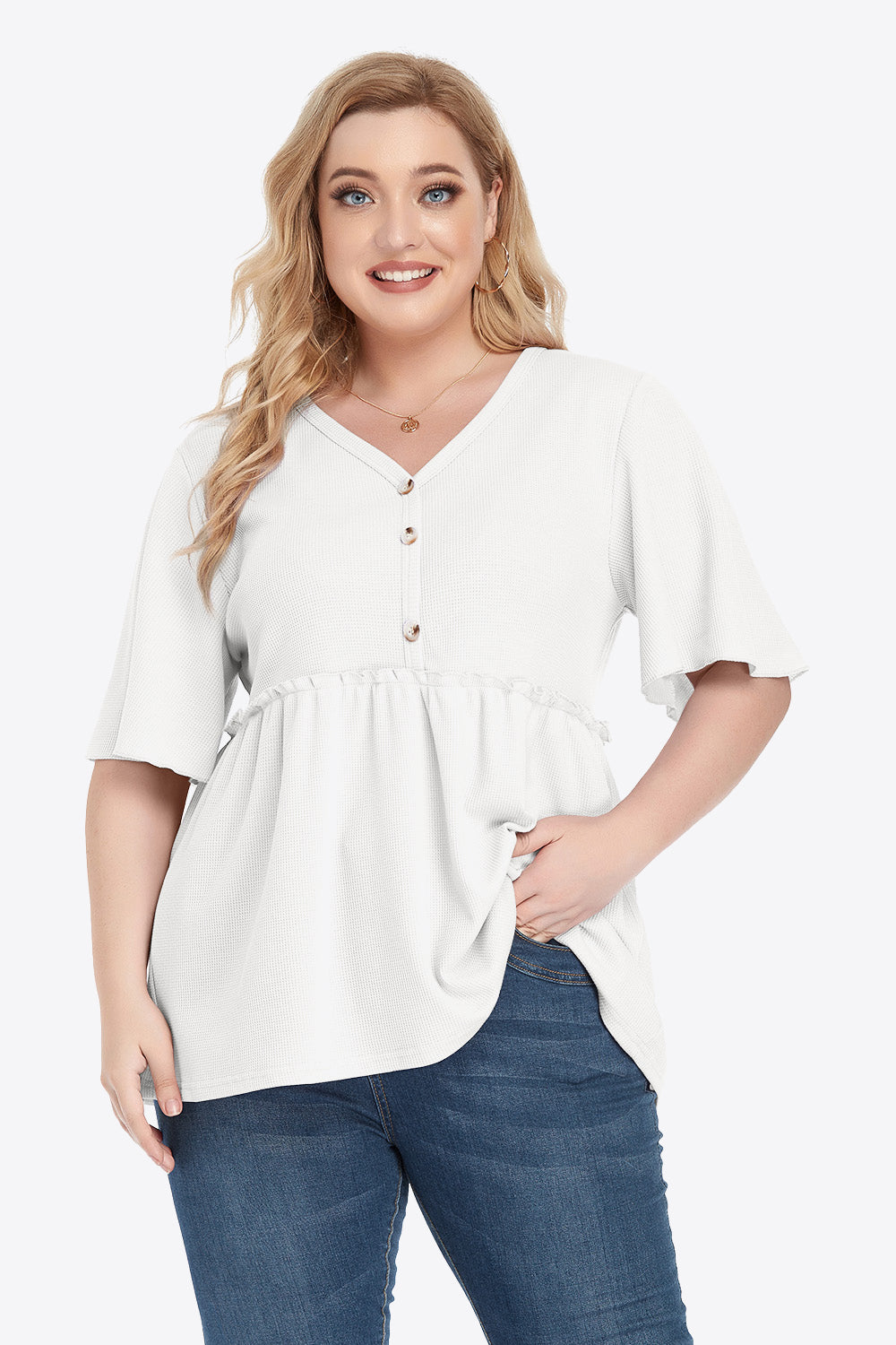 Beige Plus Size Buttoned V-Neck Frill Trim Babydoll Blouse Tops