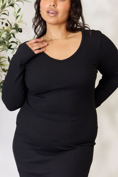 Black True Love Ribbed Long Sleeve Midi Slit Dress New Year Looks