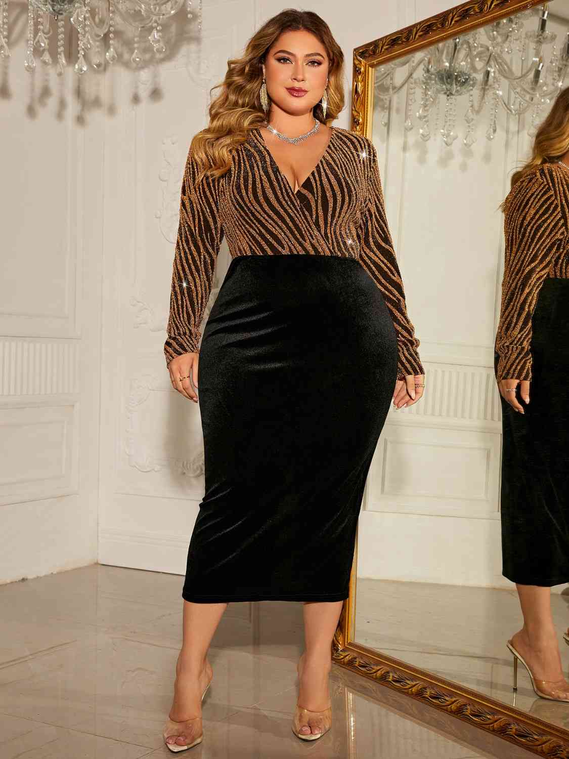 Tan It Girl Plus Size Surplice Neck Long Sleeve Slit Dress Plus Size Dresses