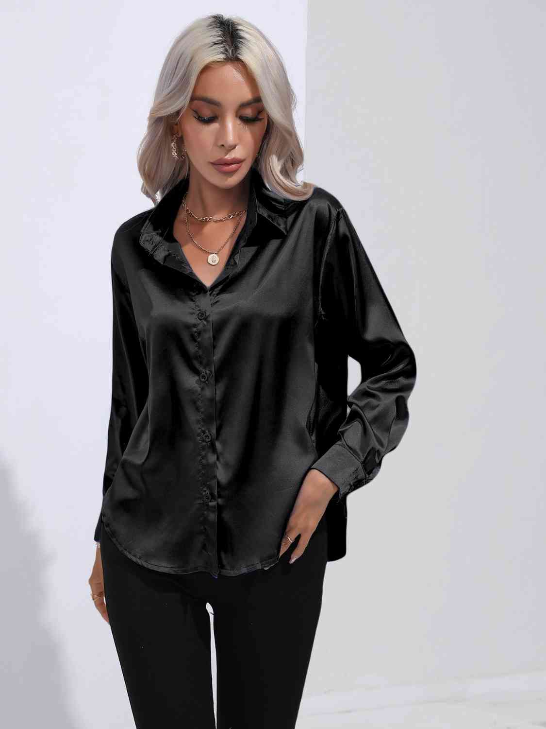 Black Modern Times Collared Neck Buttoned Long Sleeve Shirt Satin Tops