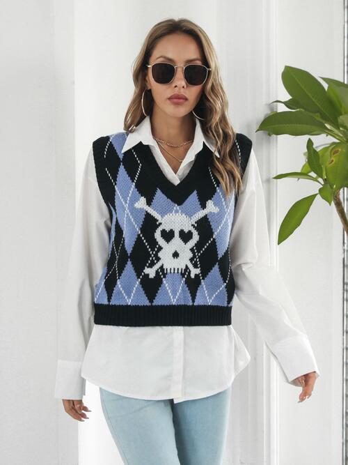 Light Gray Skull Geometric V-Neck Sweater Vest Winter Accessories
