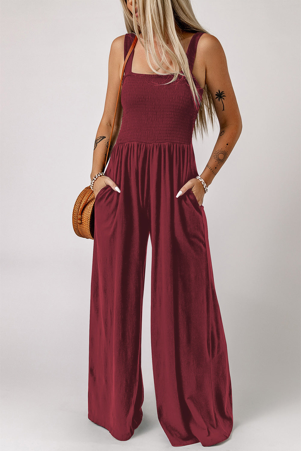 Light Gray Walk Humbly Smocked Square Neck Wide Leg Jumpsuit with Pockets Jumpsuits & Rompers
