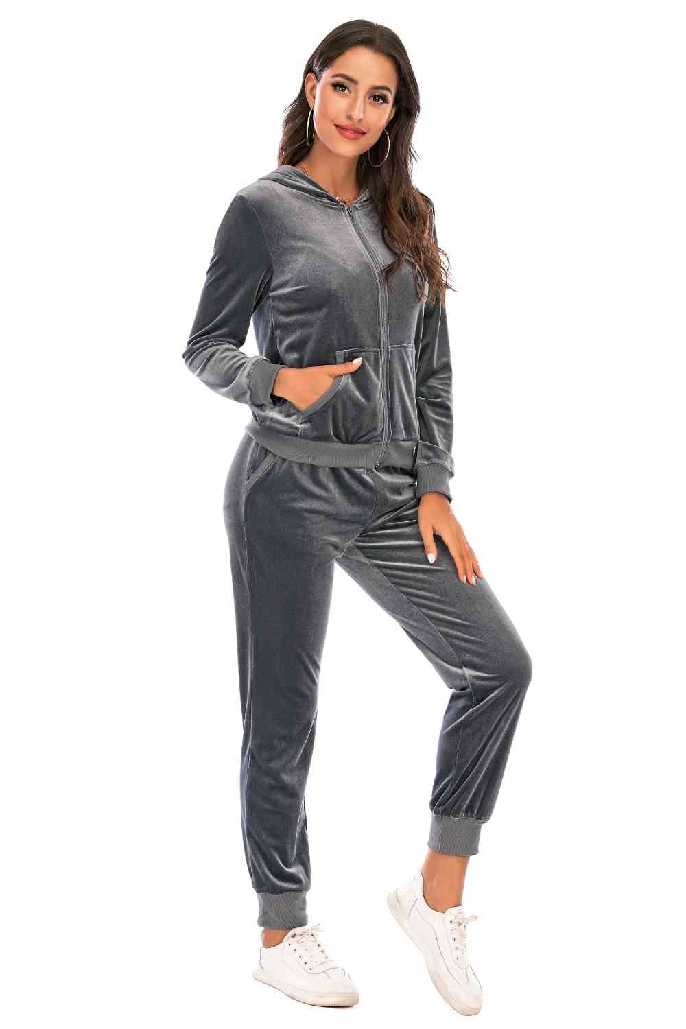 Dark Slate Gray Zip-Up Hooded Jacket and Pants Set New Year Looks