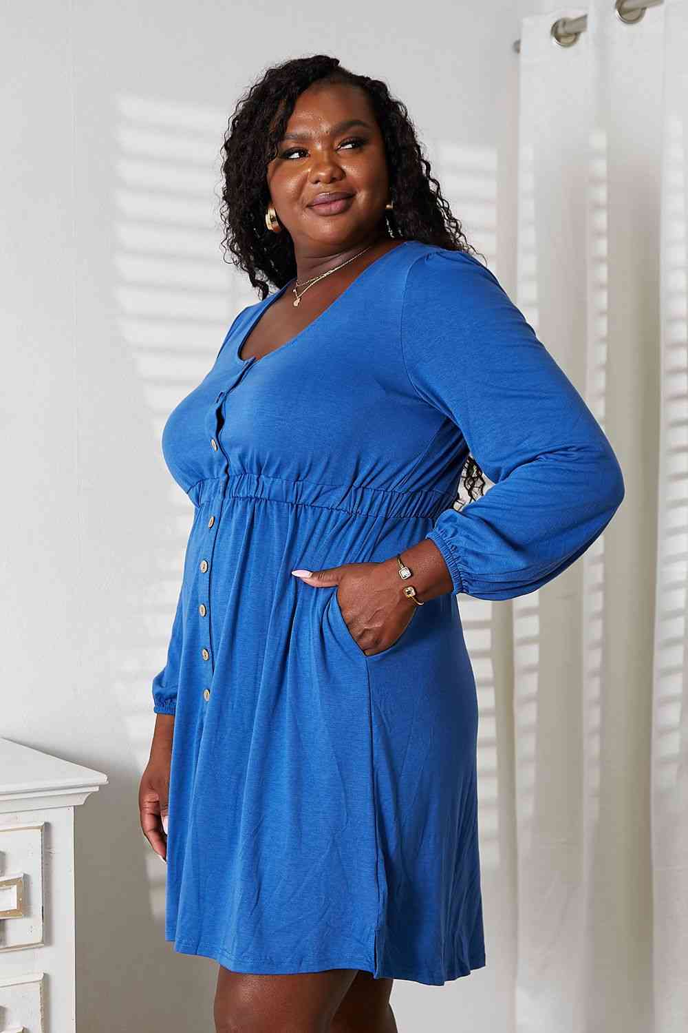 Dark Slate Blue Double Take Scoop Neck Empire Waist Long Sleeve Magic Dress Work Attire