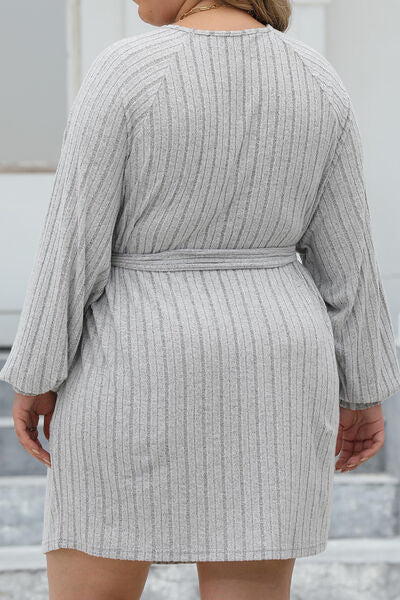 Gray Plus Size Ribbed Tie Front Long Sleeve Sweater Dress Plus Size Clothing