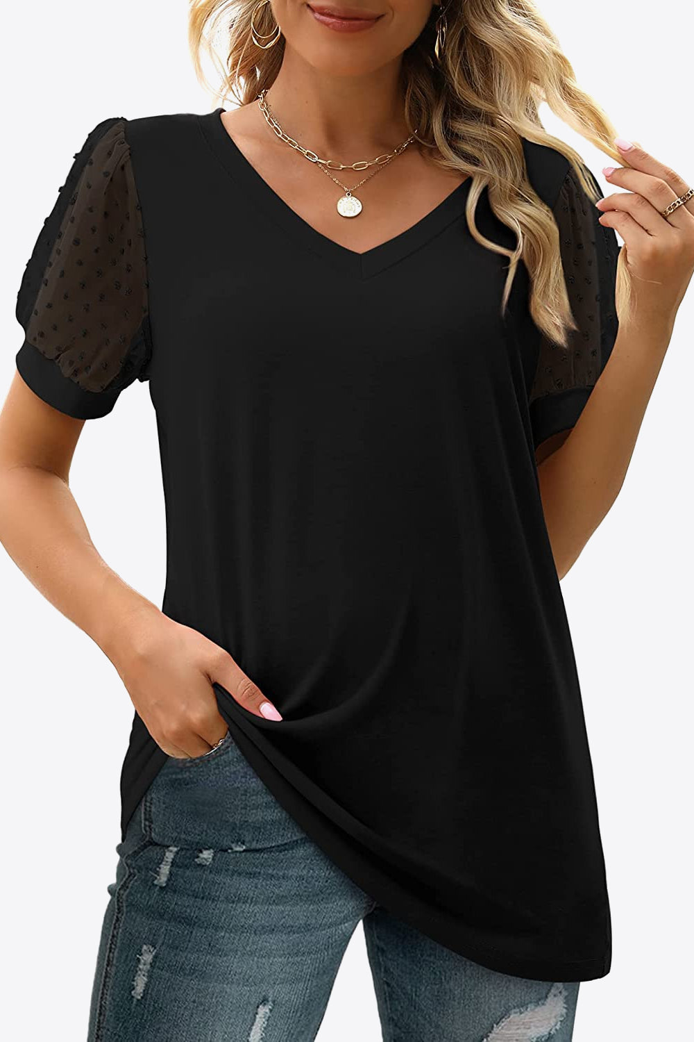 Dark Slate Gray Swiss Dot Puff Sleeve V-Neck Tee Tops