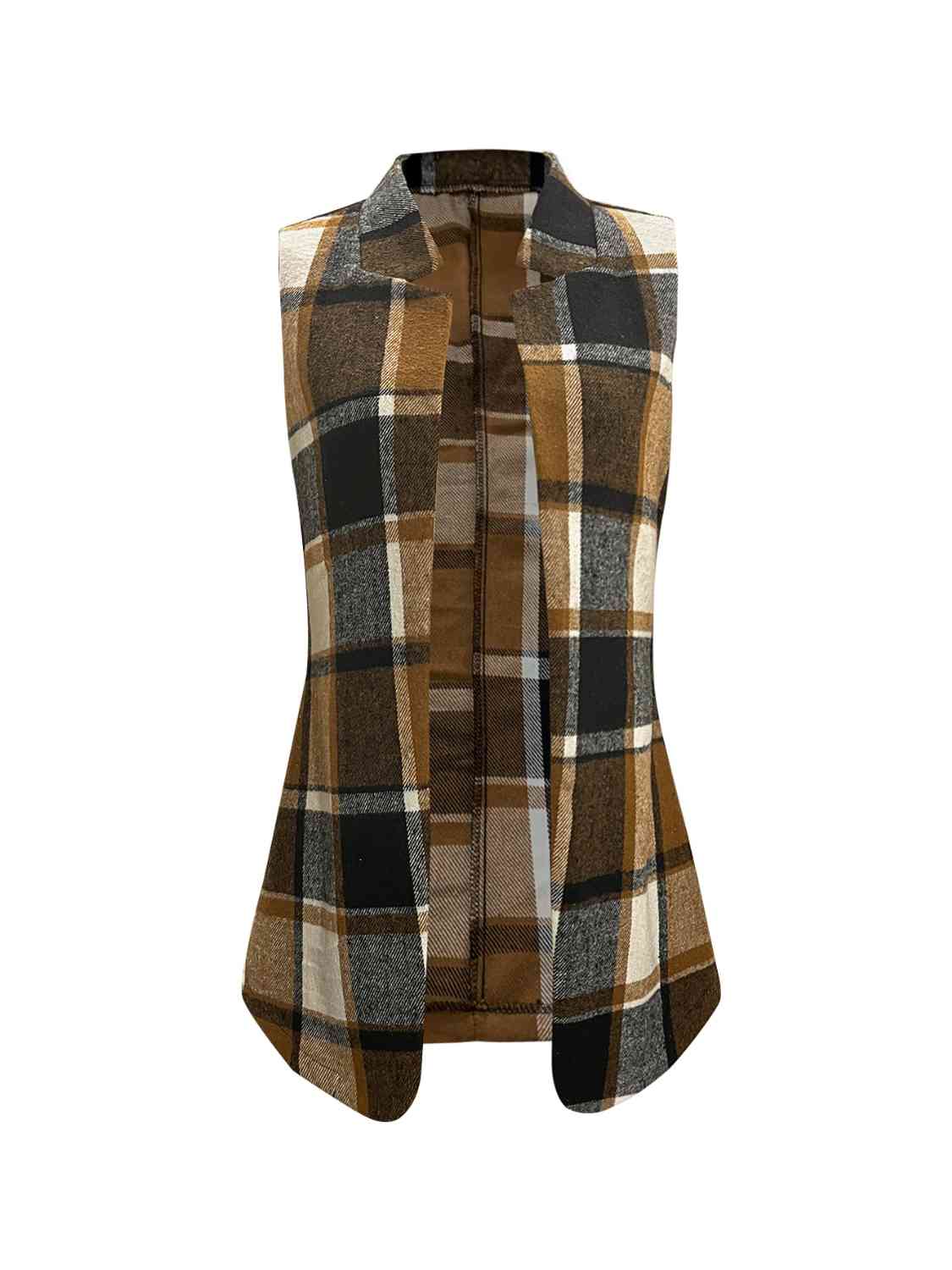 Dark Slate Gray Plaid Open Front Collared Neck Vet Winter Accessories