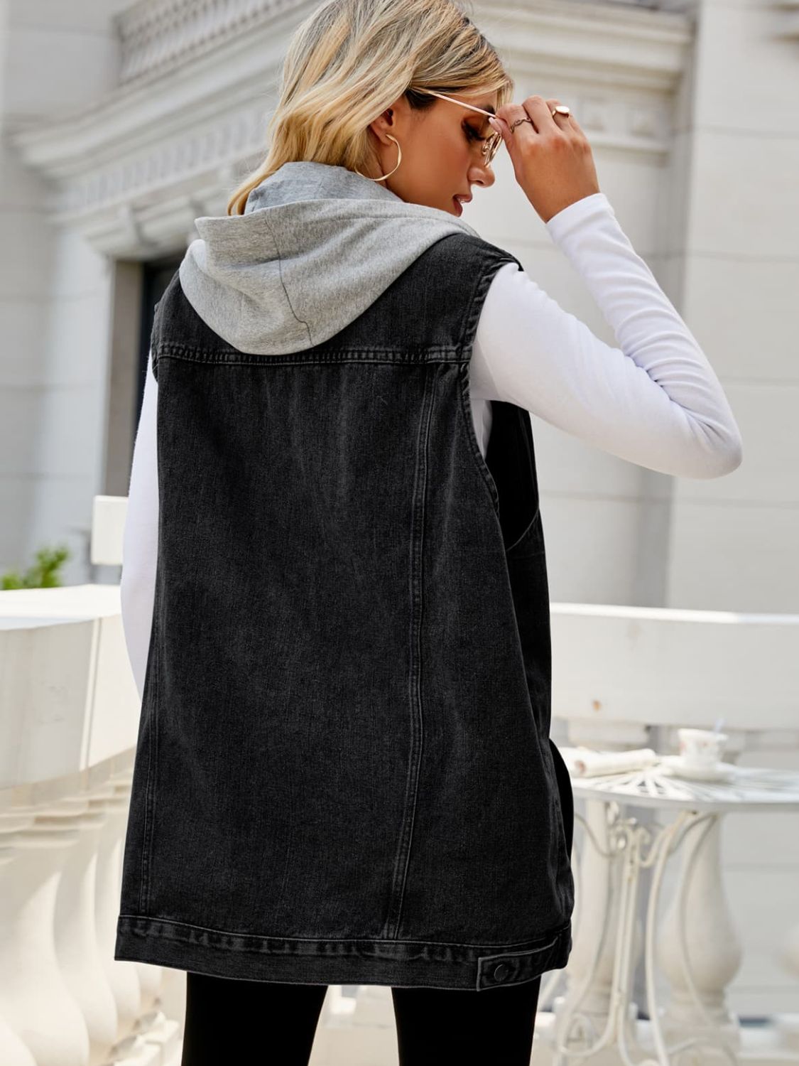 Gray Drawstring Hooded Sleeveless Denim Top with Pockets Denim