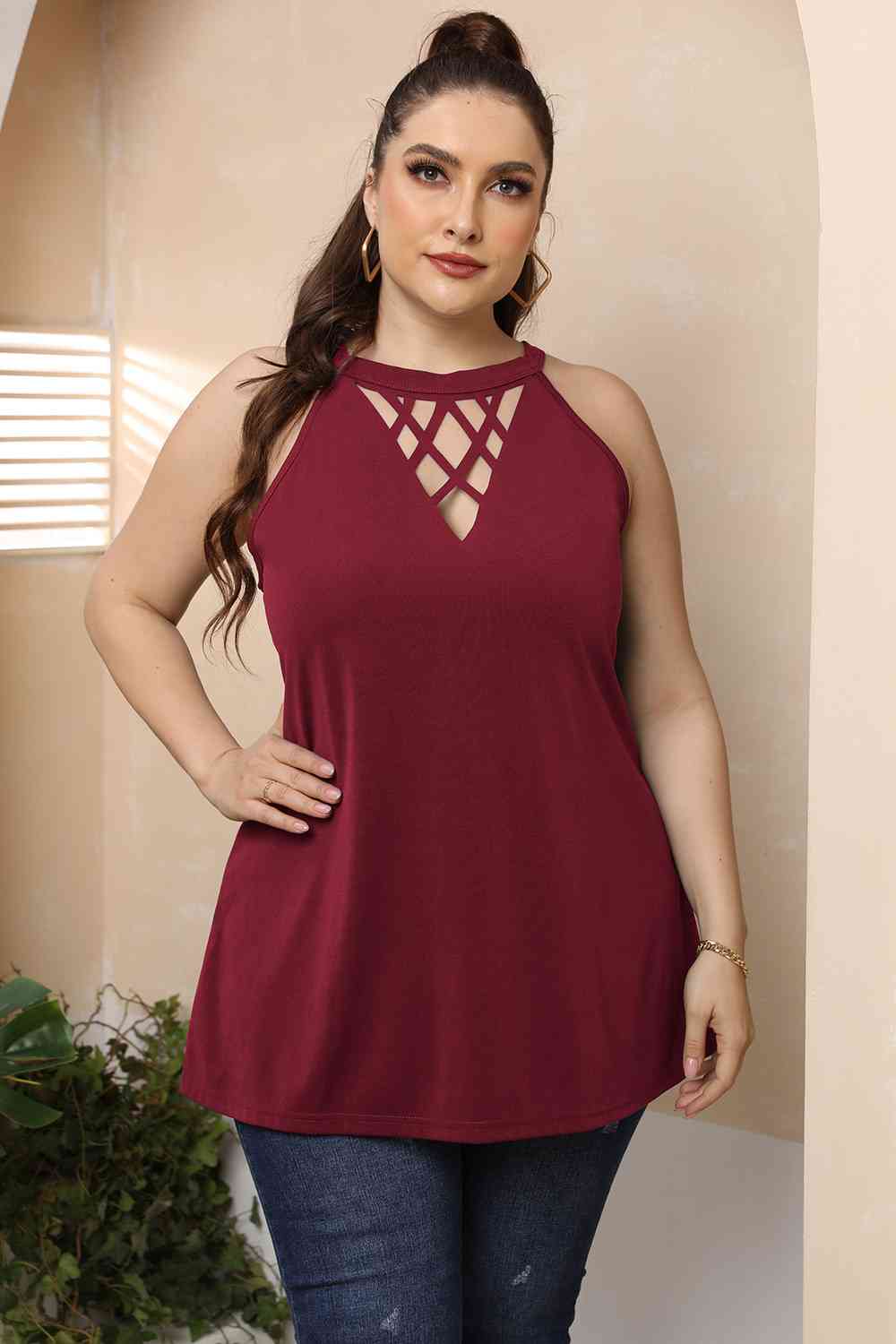 Tan Plus Size Halter Neck Cutout Sleeveless Dress Plus Size Clothes