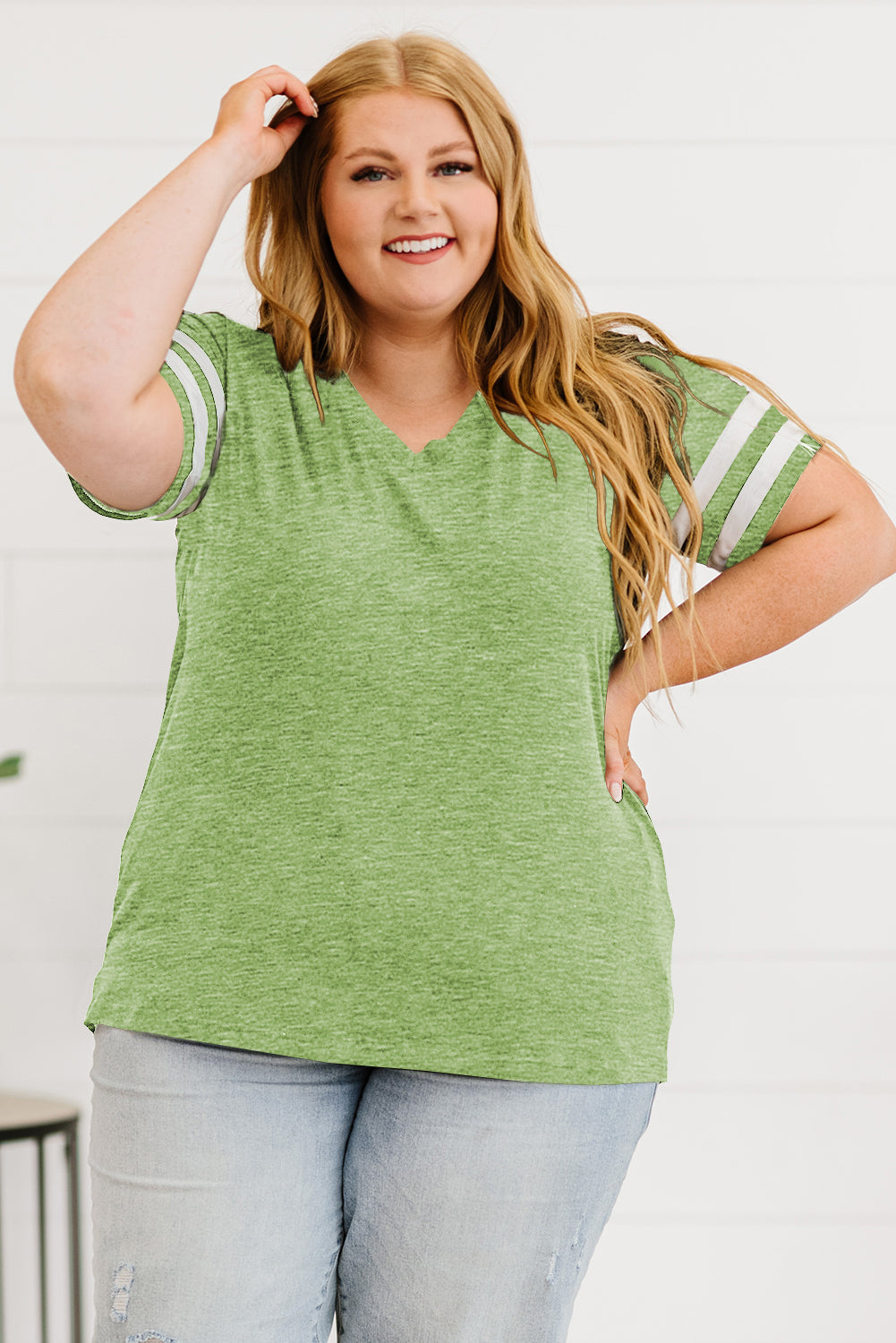 Gray Plus Size Striped V-Neck Tee Shirt Plus Size Clothes