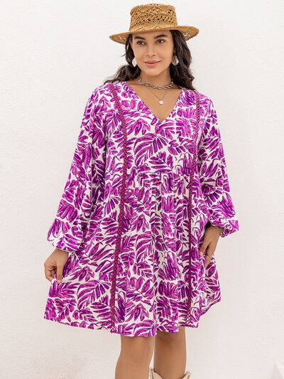 Misty Rose Plus Size Printed V-Neck Balloon Sleeve Mini Dress Plus Size Clothing