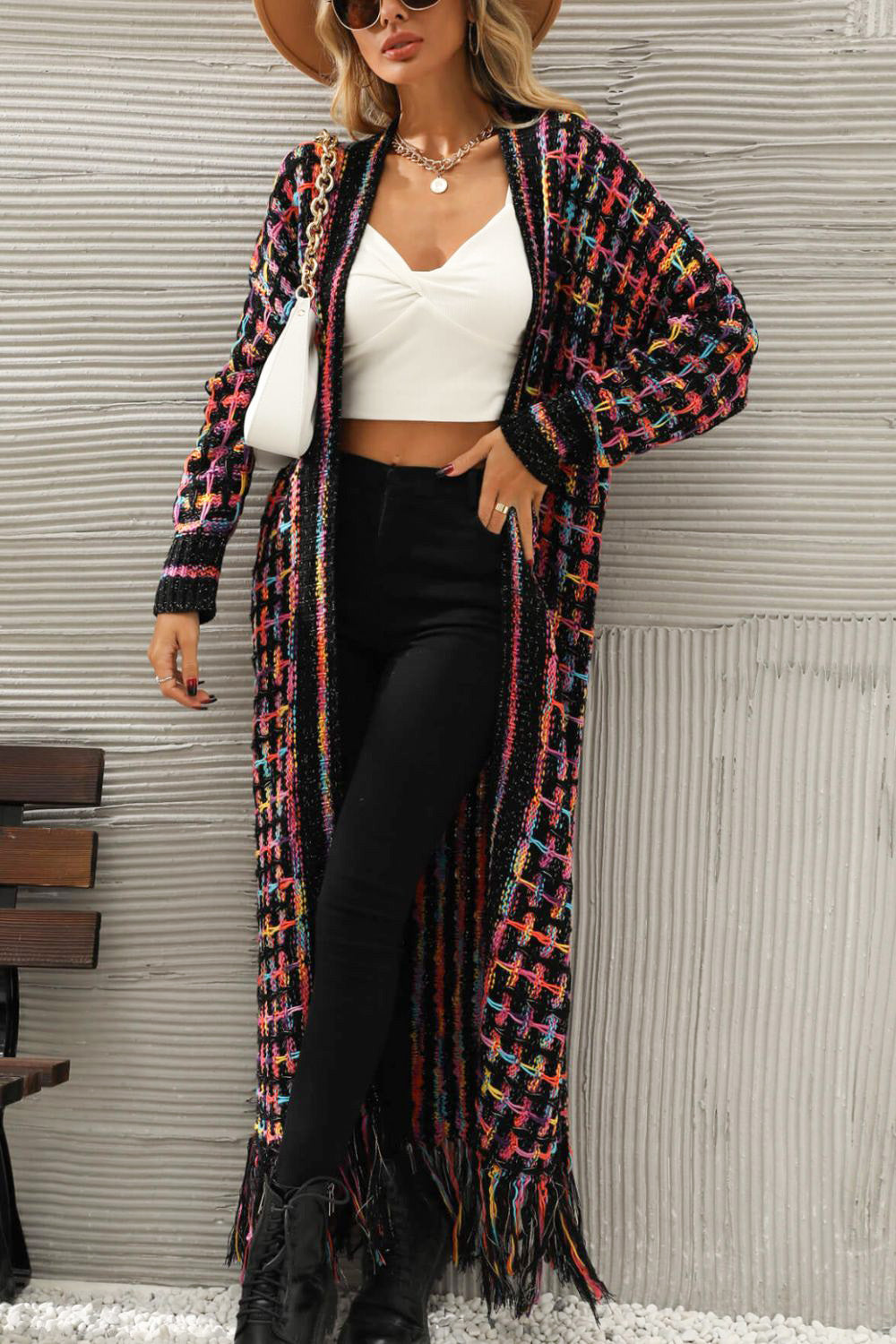 Dark Gray Multicolored Open Front Fringe Hem Cardigan Clothing