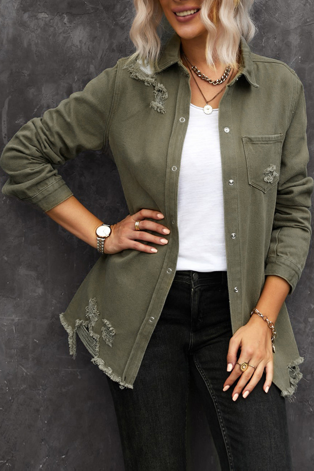 Dark Slate Gray Nothing Is Better Distressed Snap Down Denim Jacket Coats & Jackets