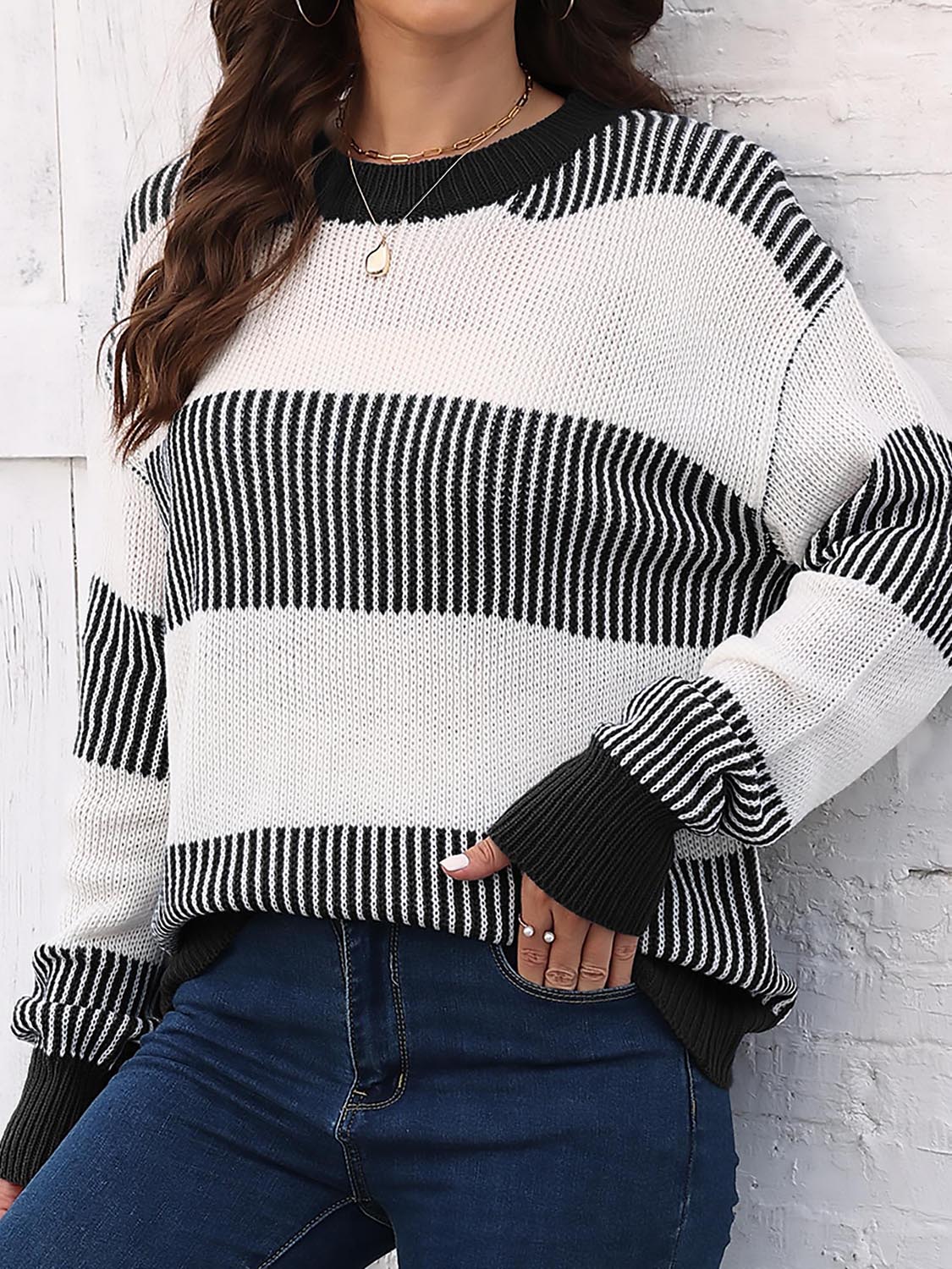 Black Full Size Round Neck Drop Shoulder Sweater