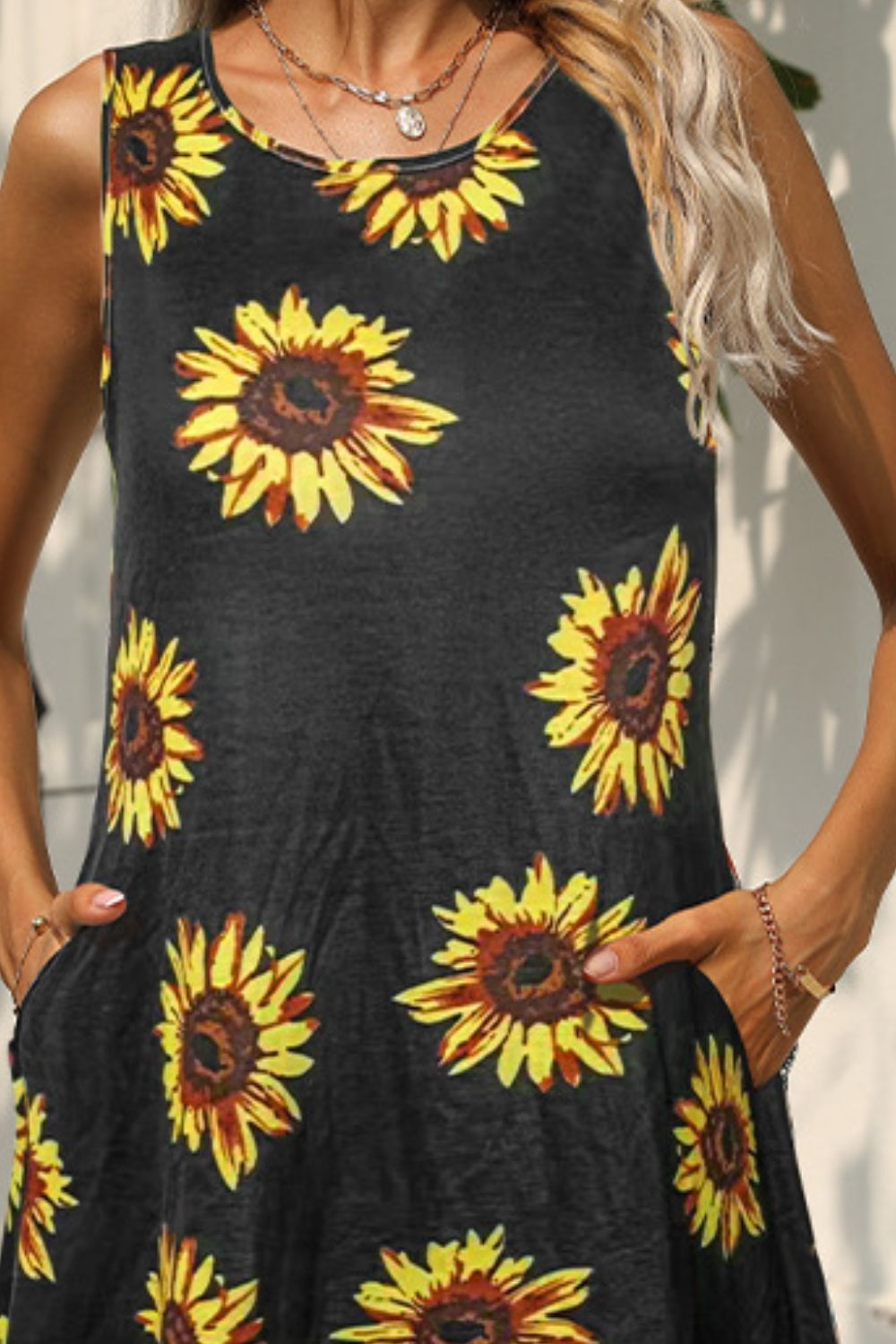 Dark Slate Gray Printed Round Neck Sleeveless Dress with Pockets
