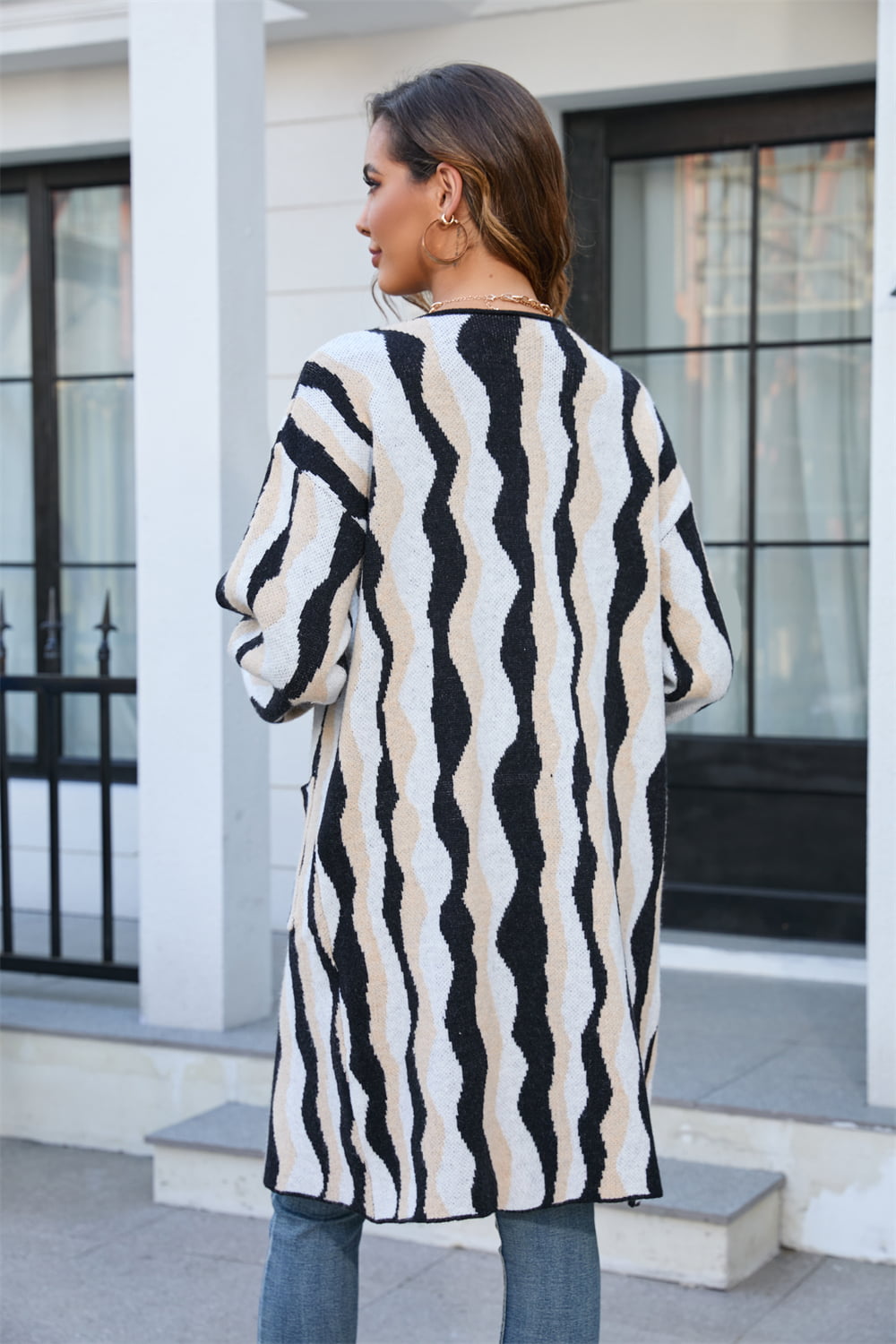 Gray Printed Open Front Pocketed Cardigan