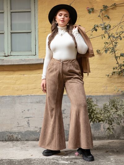 Rosy Brown Plus Size Pocketed Flare Pants Plus Size Clothing