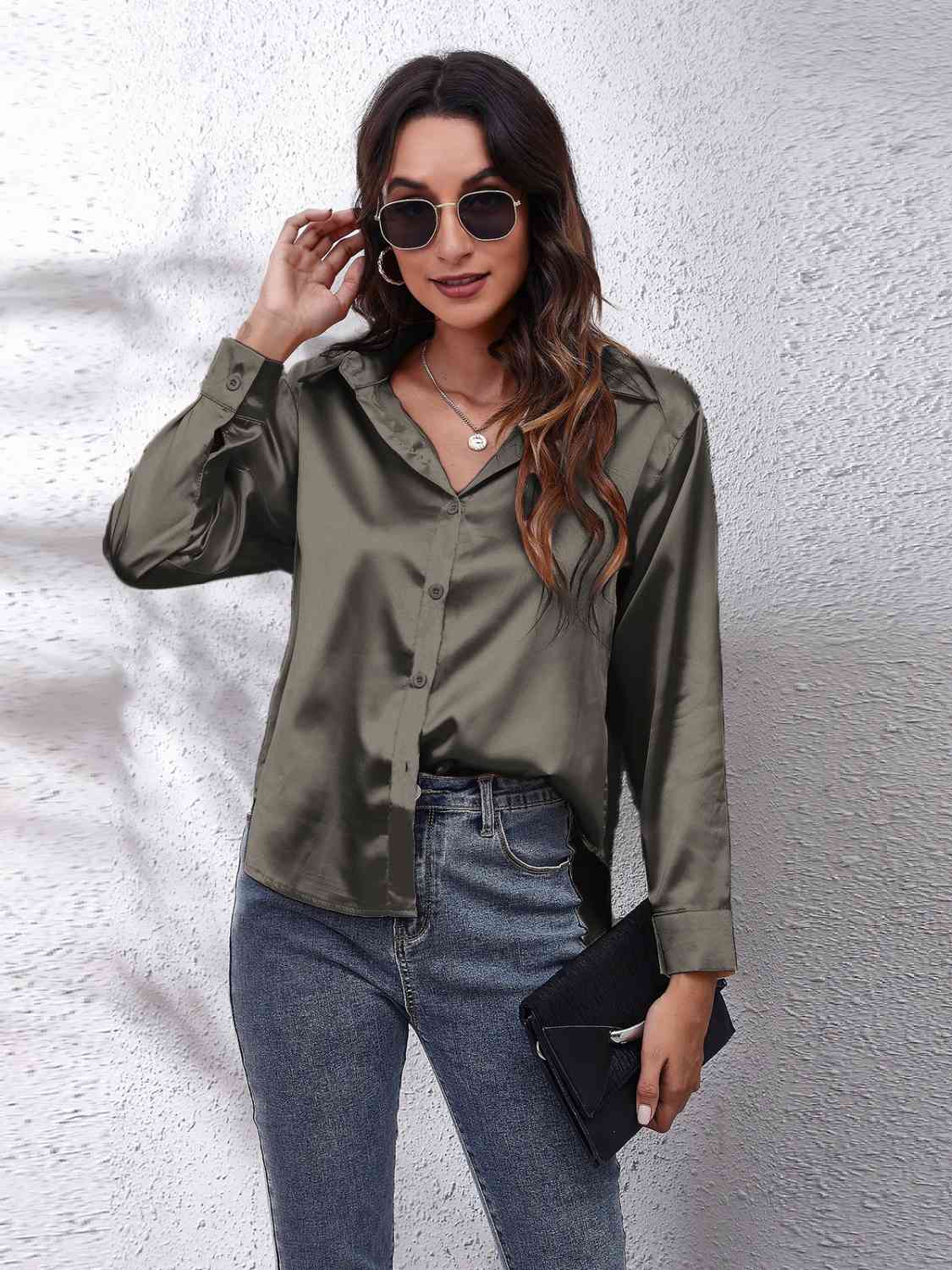 Gray Renaissance Collared Neck Buttoned Long Sleeve Shirt Long Sleeve Tops