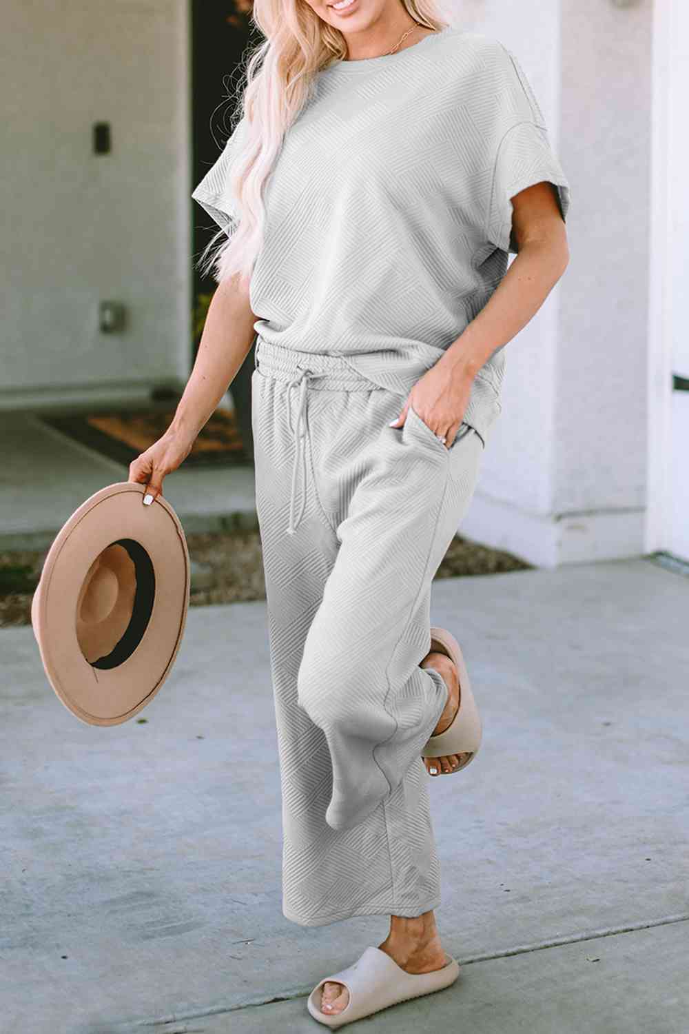 Dark Gray Incredible Textured Short Sleeve Top and Pants Set Loungewear