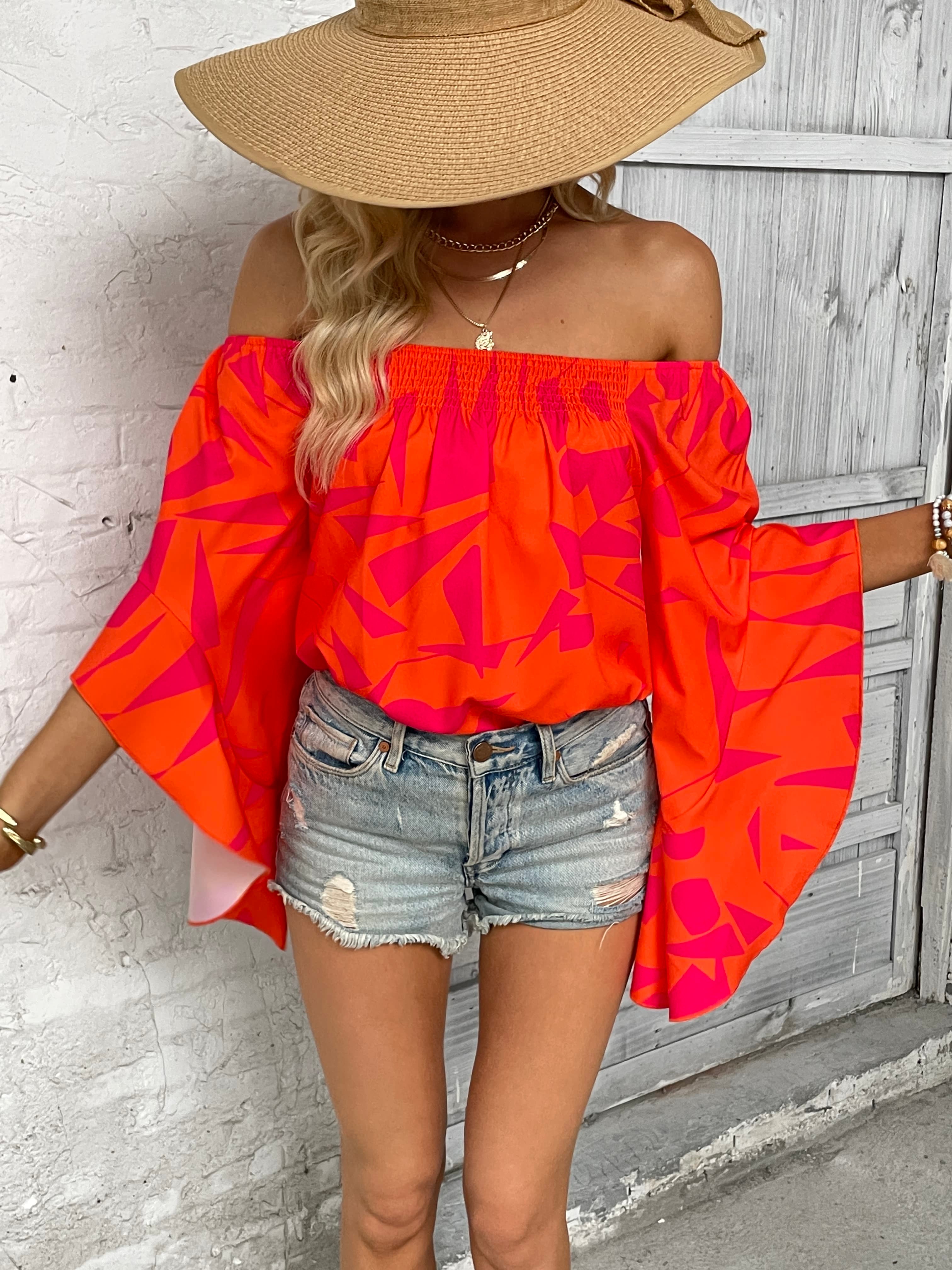 Dark Gray Printed Off-Shoulder Bell Sleeve Blouse Tops