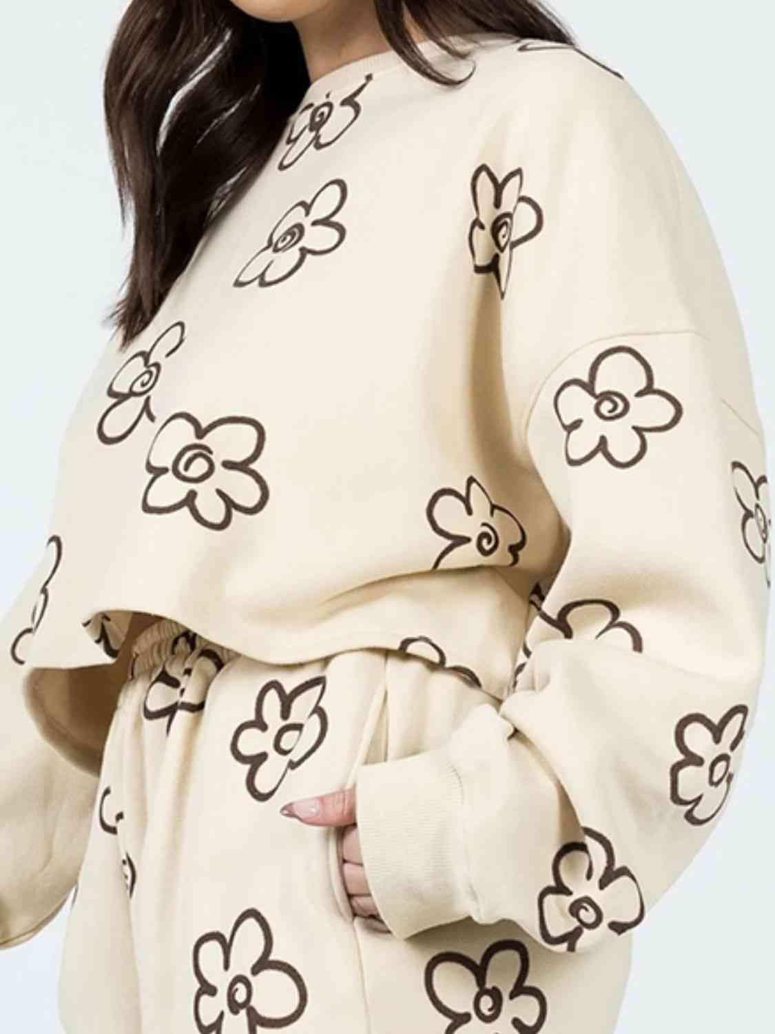 Antique White Floral Dropped Shoulder Sweatshirt and Shorts Set Loungewear