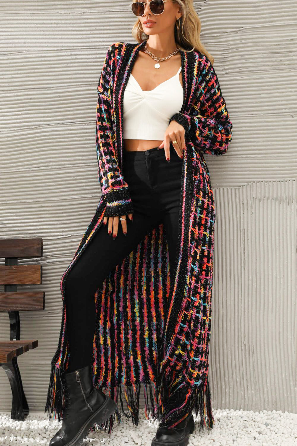Gray Multicolored Open Front Fringe Hem Cardigan Clothing