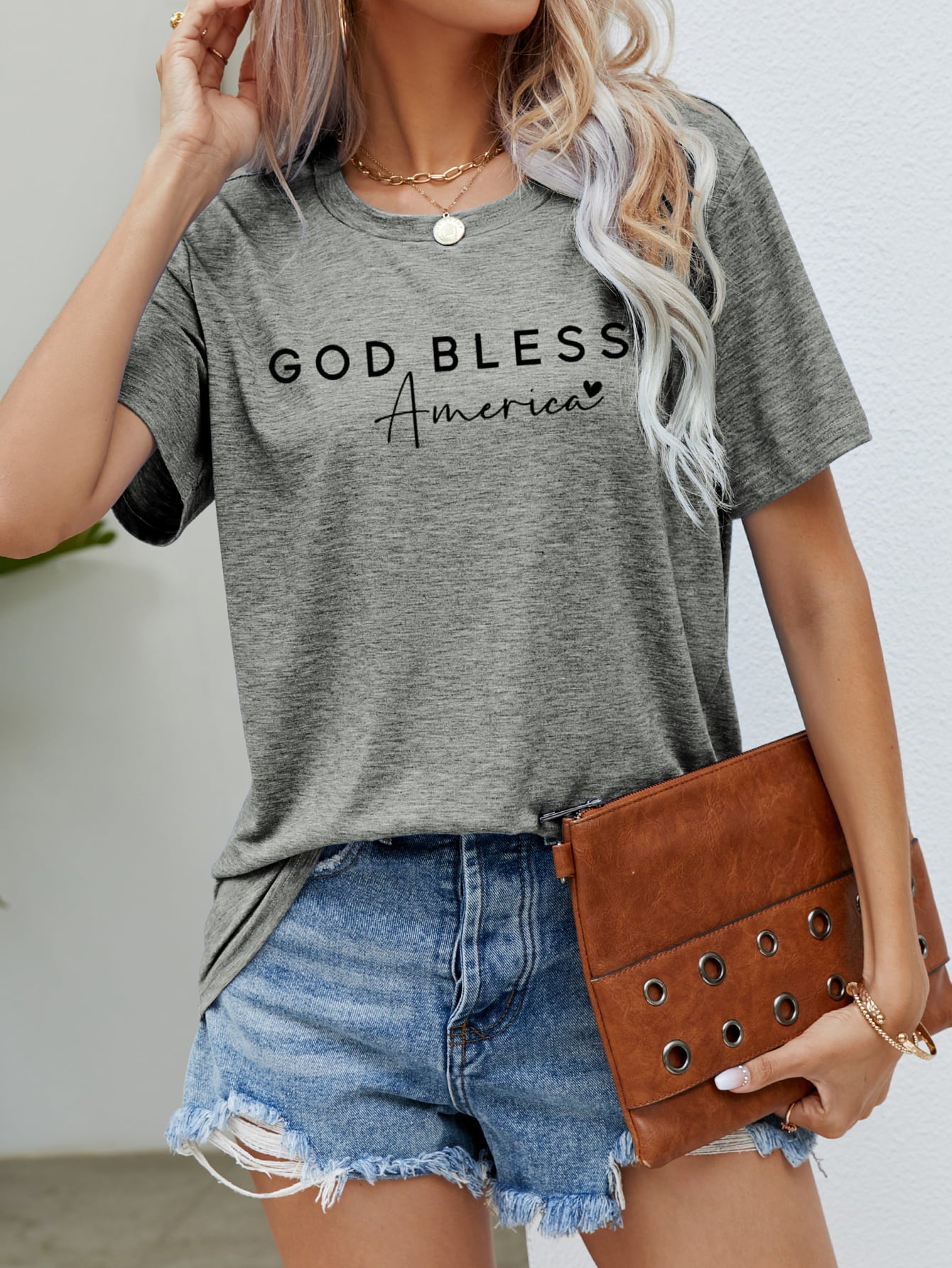 Light Slate Gray GOD BLESS AMERICA Graphic Short Sleeve Tee Tops