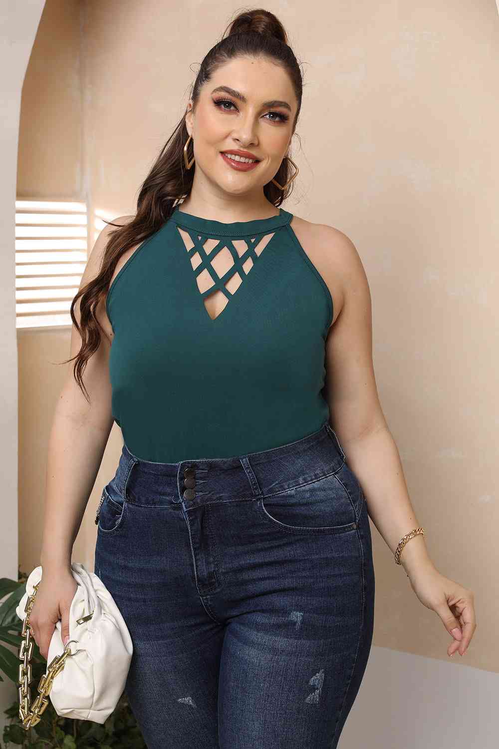 Tan Plus Size Halter Neck Cutout Sleeveless Dress Plus Size Clothes