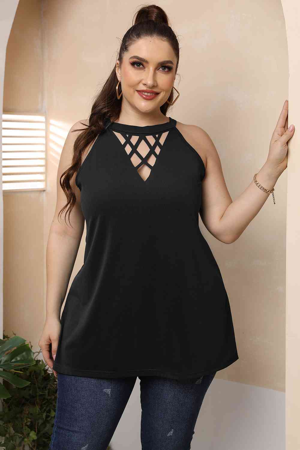 Tan Plus Size Halter Neck Cutout Sleeveless Dress Plus Size Clothes