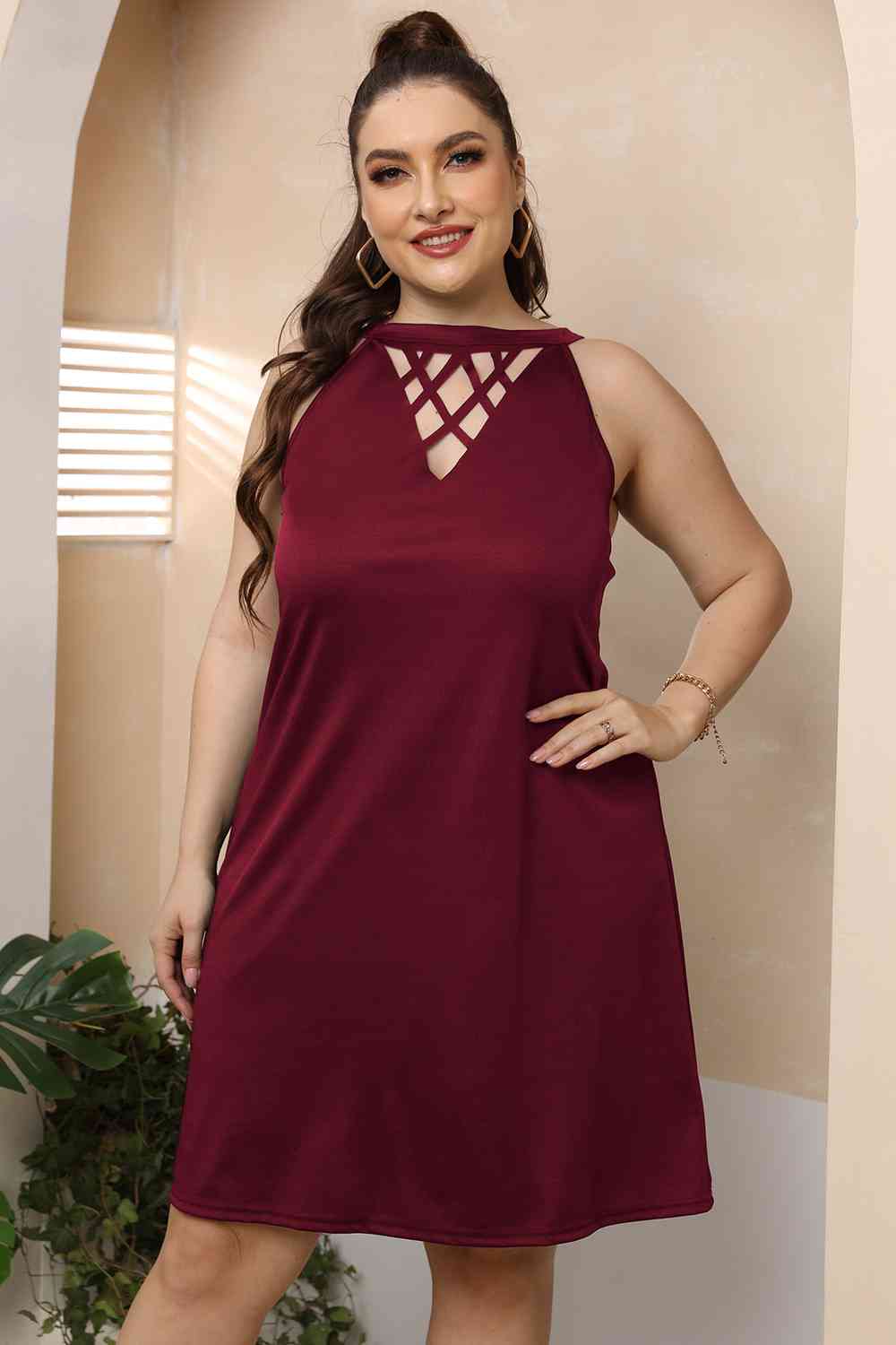 Tan Plus Size Cutout Round Neck Sleeveless Dress Plus Size Clothes