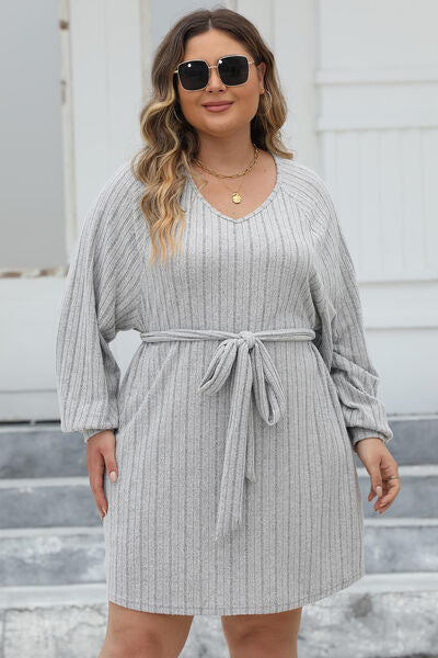 Gray Plus Size Ribbed Tie Front Long Sleeve Sweater Dress Plus Size Clothing