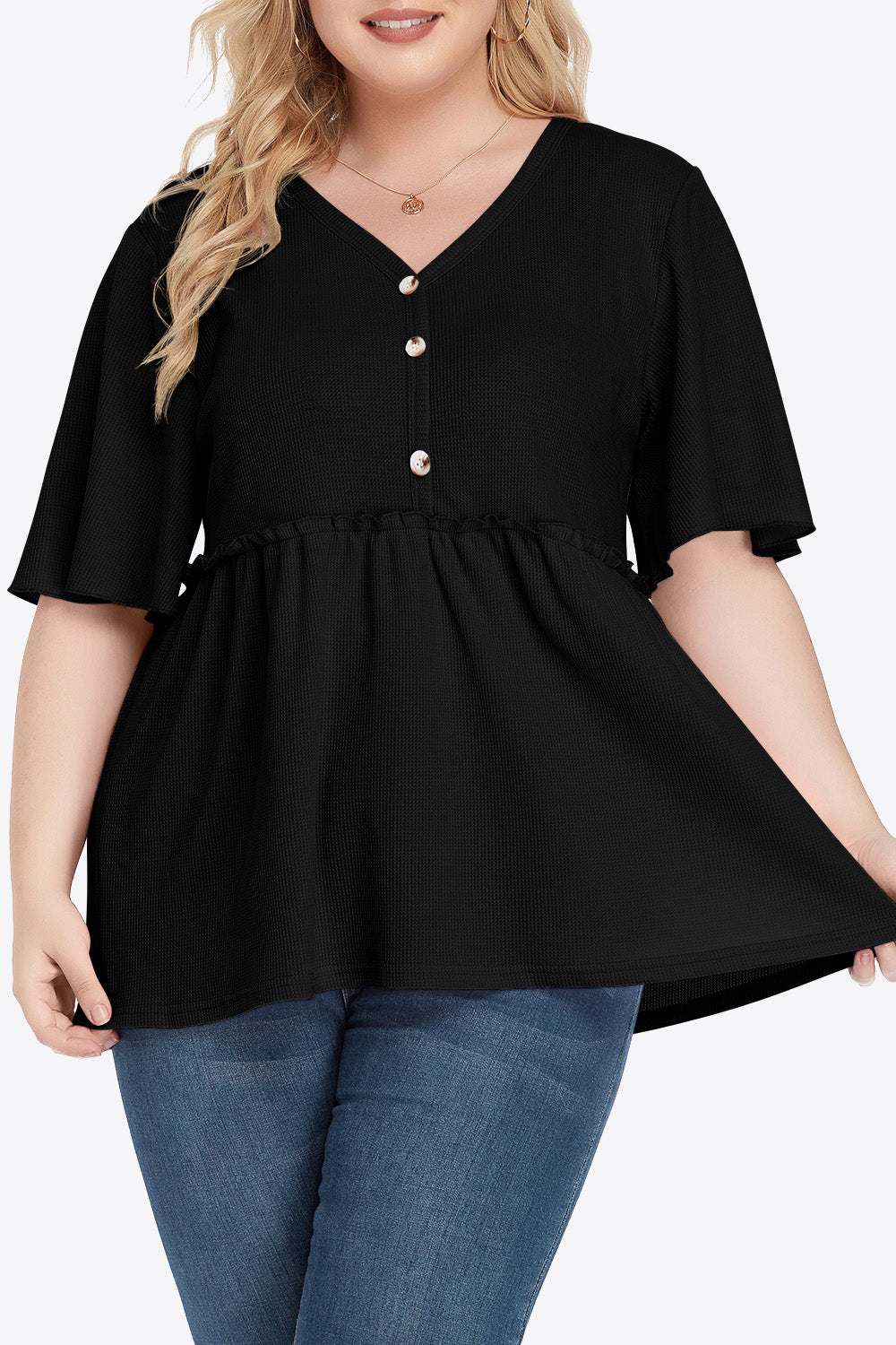Black Plus Size Buttoned V-Neck Frill Trim Babydoll Blouse Tops