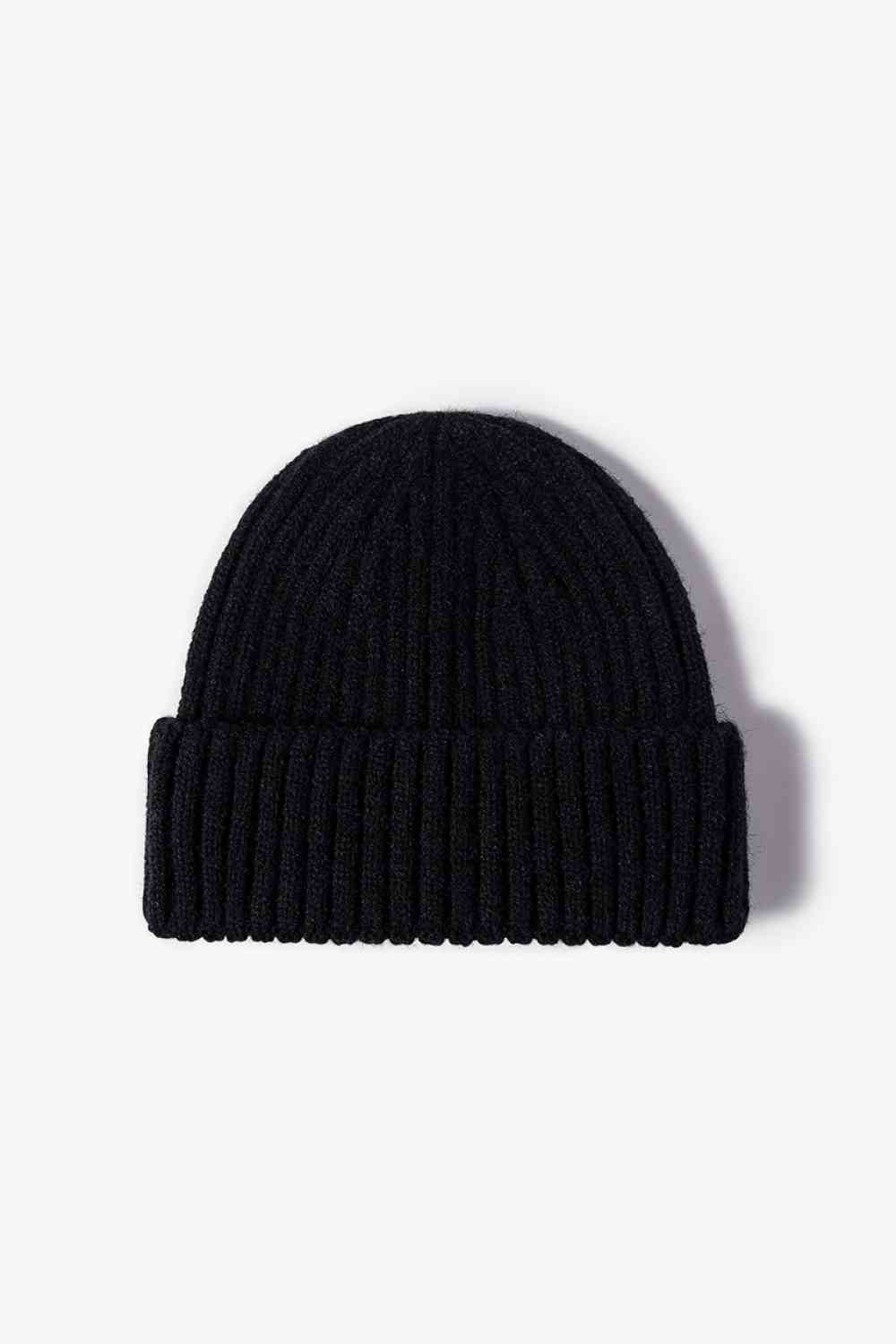 Black Rib-Knit Cuff Beanie Winter Accessories