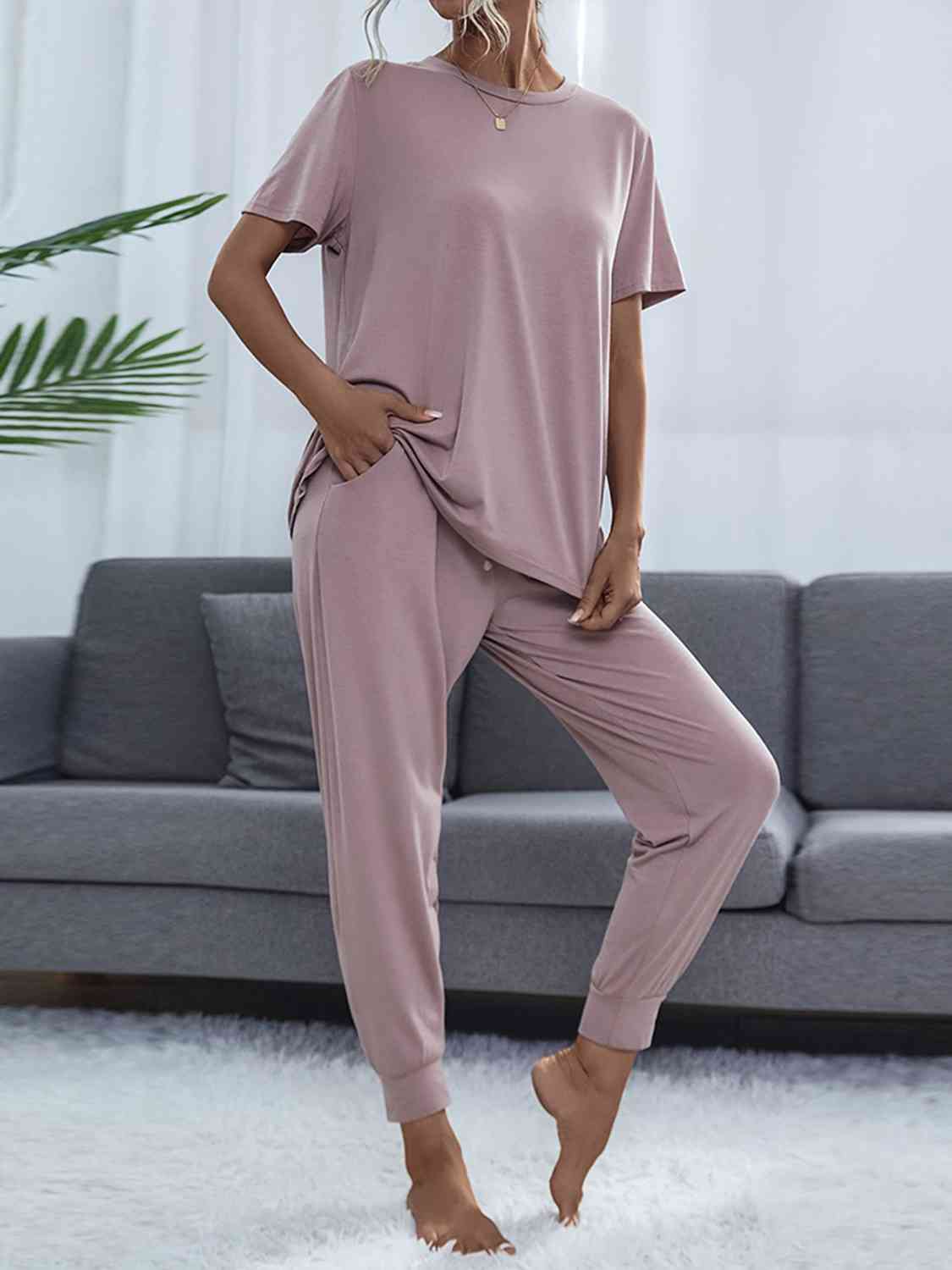 Gray Round Neck Short Sleeve Top and Pants Set Loungewear