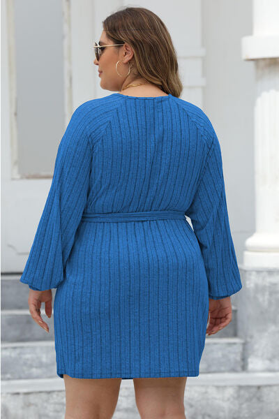Dark Slate Blue Plus Size Ribbed Tie Front Long Sleeve Sweater Dress Plus Size Clothing