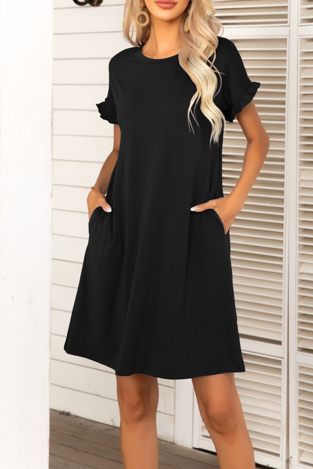 Black Flounce Sleeve Round Neck Dress with Pockets
